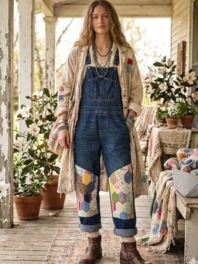 Upcycled Quilted Patchwork Denim Overalls Size 12